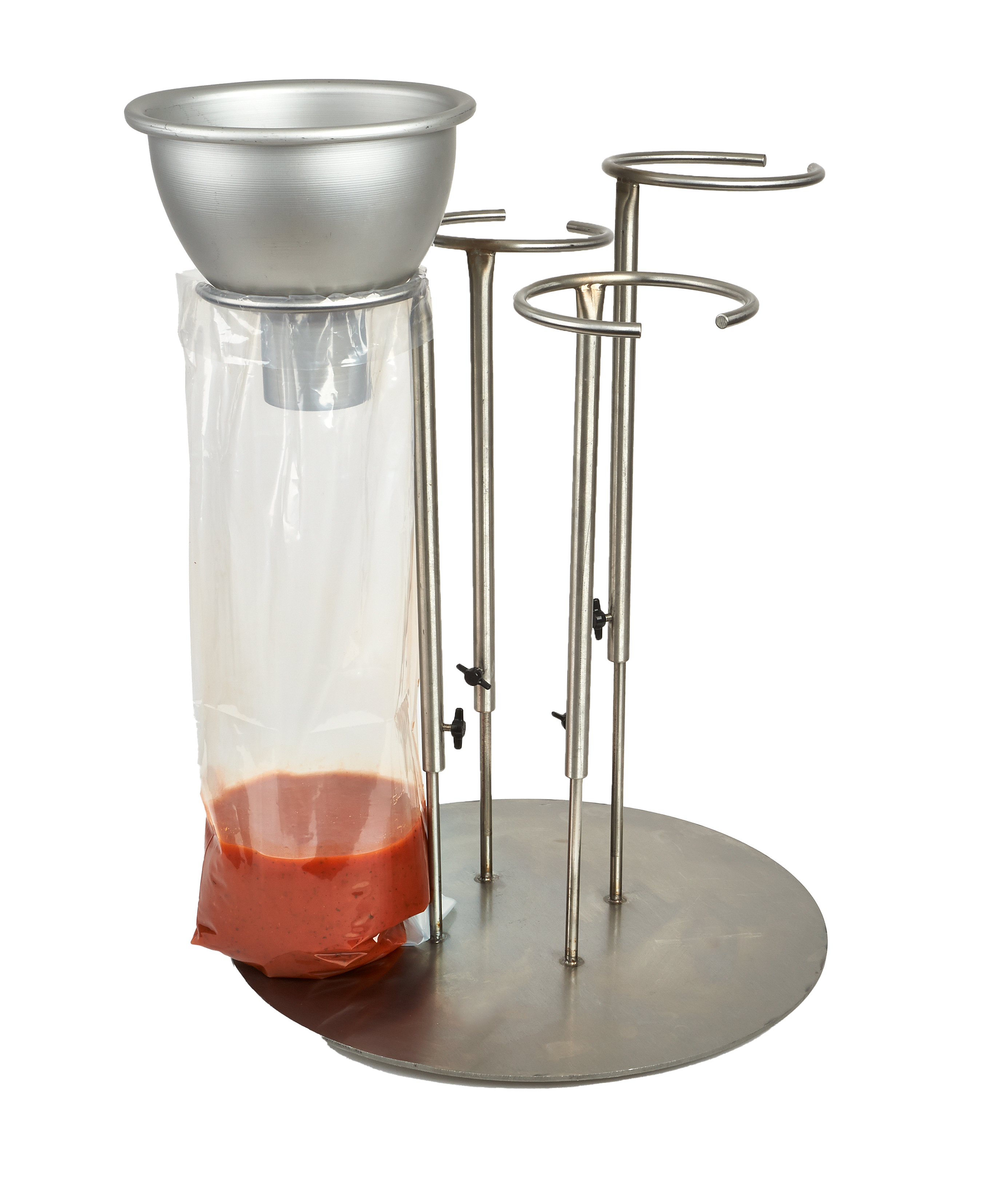 Chill bag filled with marinara sauce, supported by a ring stand and funnel for safe storage and reheating.